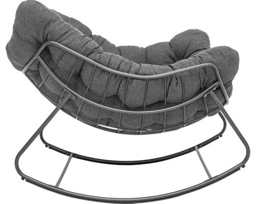 Houpací křeslo s šedým čalouněním na kovovém rámu