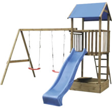 Dřevěná hrací věž se houpačkou a skluzavkou pro venkovní použití