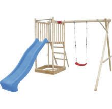 Dřevěná hrací věž se skluzavkou a houpačkou