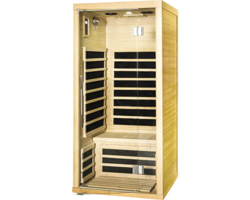 Infračervená sauna se skleněnými dveřmi a dřevěným obložením
