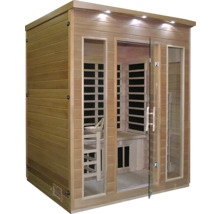 Dřevěná sauna se skleněnými dveřmi a vnitřním osvětlením