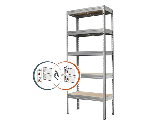 Kovový regál Kovona Praktik VRPRV1800753505P0001 1800x750x350 mm 5 polic pozinkovaný Kovový regál s pěti policemi a zacvakávacím systémem