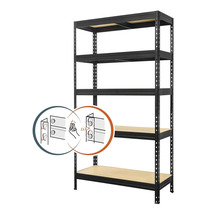 Černý zásuvný regál s pěti policemi a zásuvným systémem.