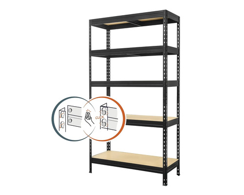 Kovový regál Kovona Praktik 1800x900x450 mm 5 polic černý Černý zásuvný regál s pěti policemi a zásuvným systémem.