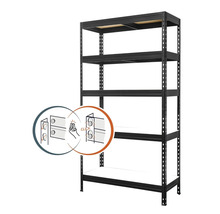 Černý zásuvný regál s pěti policemi a montážním návodem