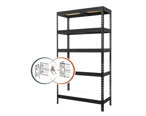 Kovový regál Praktik 1800 x 900 x 600 mm, 5 polic, černý, VRRVV1800906005C0001 Černý zásuvný regál s pěti policemi a montážním návodem