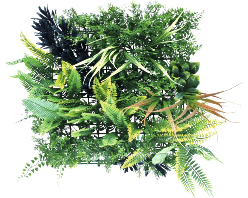 Umělá rostlinná stěna s různými odstíny zelené a texturami listů.