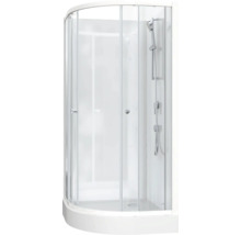 Sprchový kout se sprchovou hlavicí a průhlednými skleněnými dveřmi