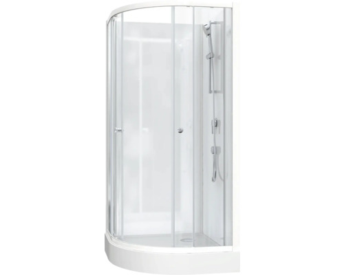 Sprchový kout se sprchovou hlavicí a průhlednými skleněnými dveřmi