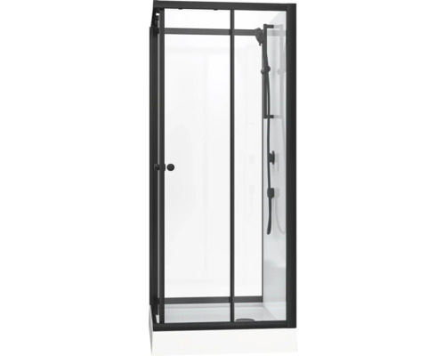 Rohová sprcha s černým rámem a ruční sprchou