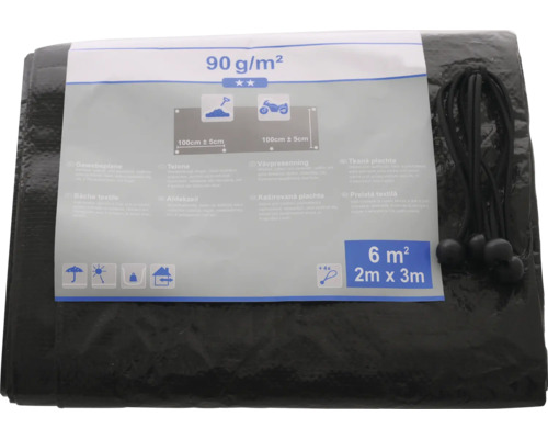 Černá tkaná plachta o rozměrech 2 x 3 metry a plošné hmotnosti 90 gramů na metr čtvereční.