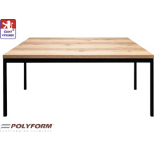 Stůl se světlou dřevěnou deskou a černým kovovým rámem