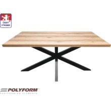 Čtvercový jídelní stůl se světlou dřevěnou deskou a černou kovovou základnou