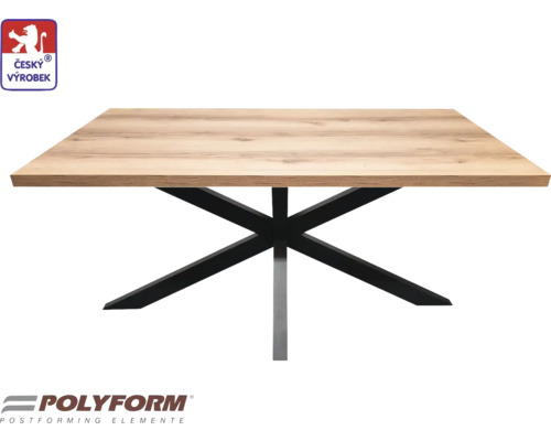 Stolový set Ježek 180 x 90 x 75 cm, tloušťka 38 mm, dub zlatý Čtvercový jídelní stůl se světlou dřevěnou deskou a černou kovovou základnou