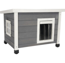 Šedý dřevěný psí bouda s dveřmi a oknem