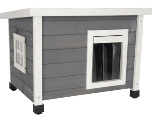 Šedý dřevěný psí bouda s dveřmi a oknem