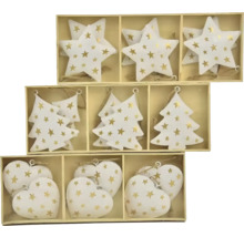 Sada ozdob na vánoční stromeček s motivy hvězdy, stromu a srdce