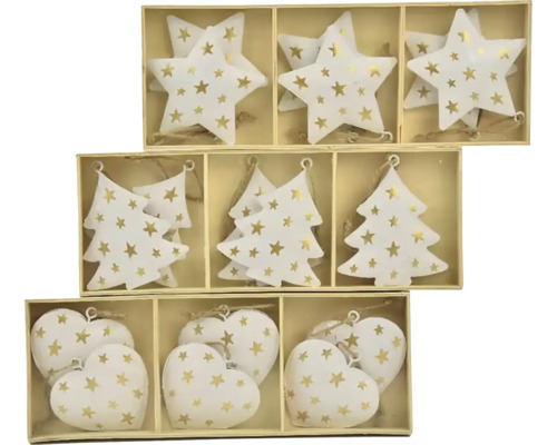 Sada ozdob na vánoční stromeček s motivy hvězdy, stromu a srdce