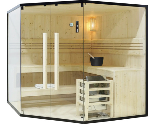 Sauna se skleněnou přední stěnou, dřevěnými lavicemi a saunovými kamny