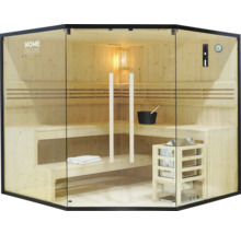 Sauna s dřevěnými lavicemi, skleněnými prvky a černým rámem