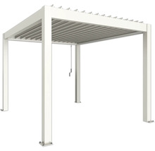 Volně stojící bílá pergola s lamelovou střechou do zahrady.