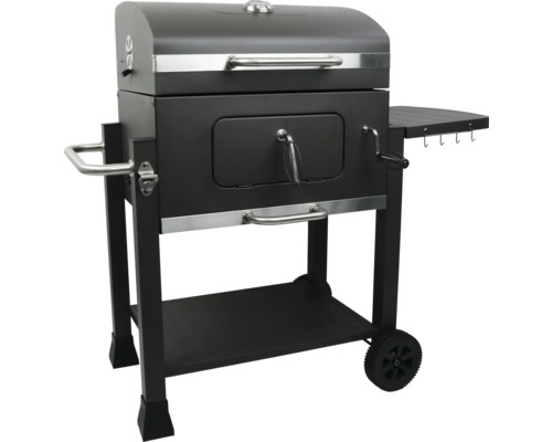 Gril na dřevěné uhlí s úložnými plochami a kolečky