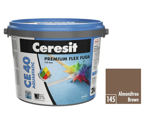 Ceresit Premium Flex spárovací hmota CE 40 Aquastatic v kbelíku s barevným vzorkem Mandlově hnědá
