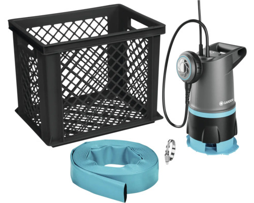 Sada kalového čerpadla Gardena sestávající z kalového čerpadla, ploché hadice, hadicové spony a plastového koše