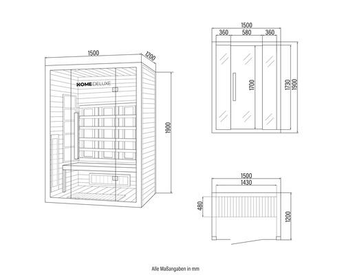 Technický nákres sauny Home Deluxe s rozměry v milimetrech