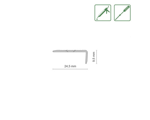 Průřez profilu s rozměry 24,5 mm a 9,5 mm, montáž lepidlem nebo šrouby
