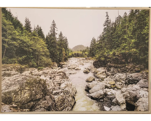 Zarámovaný obraz říční krajiny se skalami a stromy