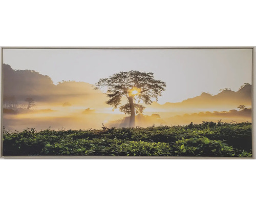 Zarámovaný nástěnný obraz s motivem krajiny: strom před horskou krajinou v mlze