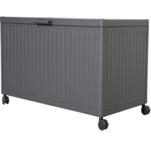 Šedý kovový úložný box s kolečky a rukojetí na víku