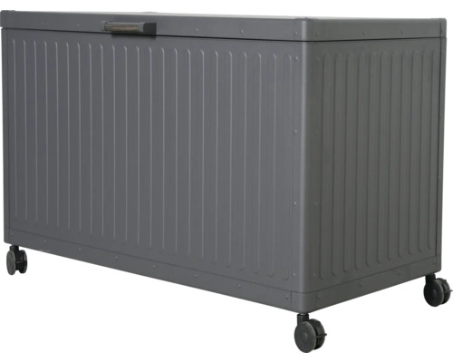 Šedý kovový úložný box s kolečky a rukojetí na víku