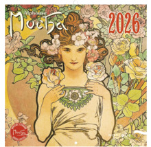 Kalendář Alphonse Mucha 2026 s motivem ženy a květinami