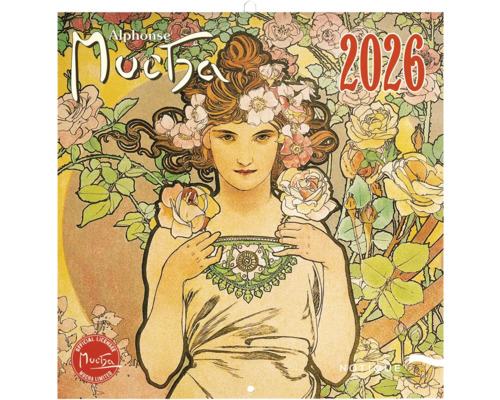 Kalendář Alphonse Mucha 2026 s motivem ženy a květinami