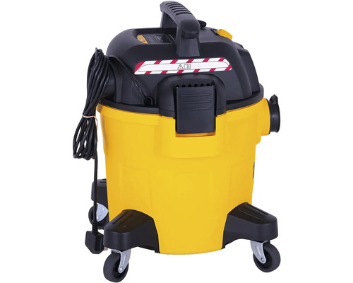 Žlutý vysavač na mokré a suché vysávání s kolečky a černým kabelem.