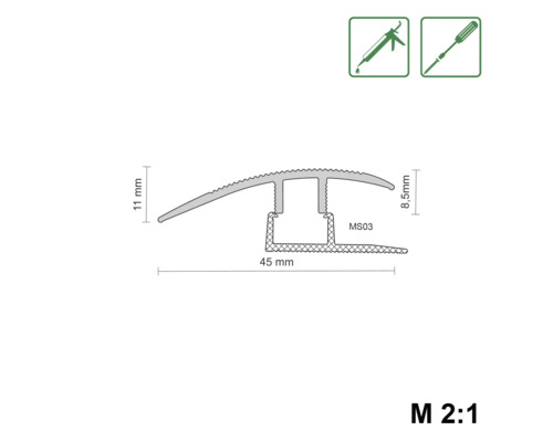 Řez profilem s rozměry 11 mm výška, 8,5 mm výška a 45 mm šířka