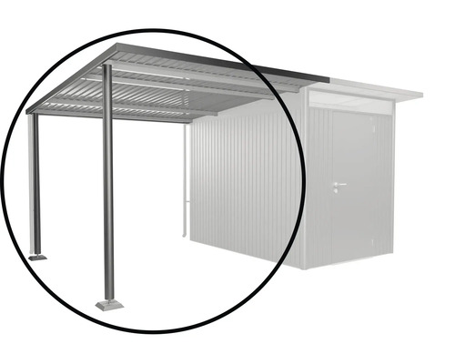 Detailní pohled na přístřešek pro auto s ocelovými sloupky a kovovou střechou