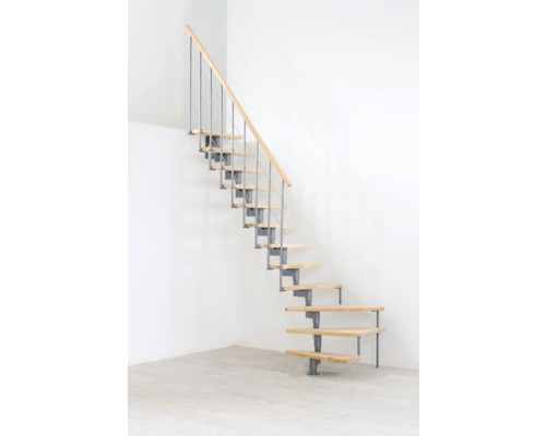 Pertura centrální schodiště Kolina perleťově šedá 76 cm tyčové zábradlí buk lepené dřevo lakované 12 stupňů 13 stoupání Dřevěné schodiště s kovovým zábradlím ve světlé místnosti