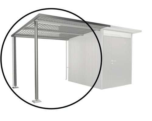 Kovový přístřešek pro auto s podpěrnými sloupy a zastřešenou střechou