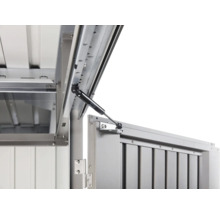 Detailní pohled na kovovou skříň na nářadí s plynovou pružinou