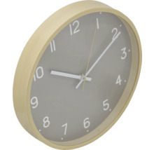 Nástěnné hodiny se světlým dřevěným rámem a šedým ciferníkem