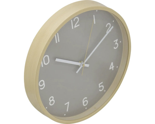 Nástěnné hodiny se světlým dřevěným rámem a šedým ciferníkem