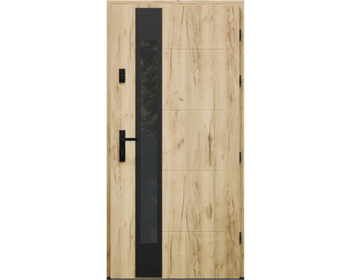 Dřevěné dveře se skleněnou vložkou a kováním