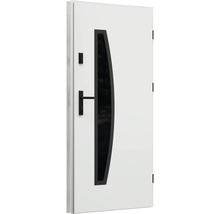 Bílé vchodové dveře se skleněnou vložkou a černou klikou