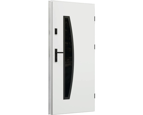 Bílé vchodové dveře se skleněnou vložkou a černou klikou