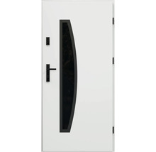 Bílé vchodové dveře se skleněnou vložkou a černou klikou