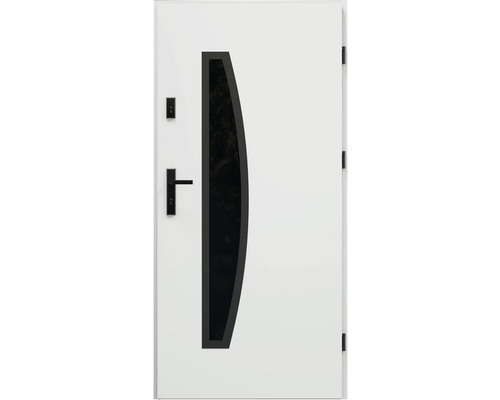 Bílé vchodové dveře se skleněnou vložkou a černou klikou