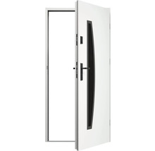 Otevřené bílé vchodové dveře s černým oknem a klikou